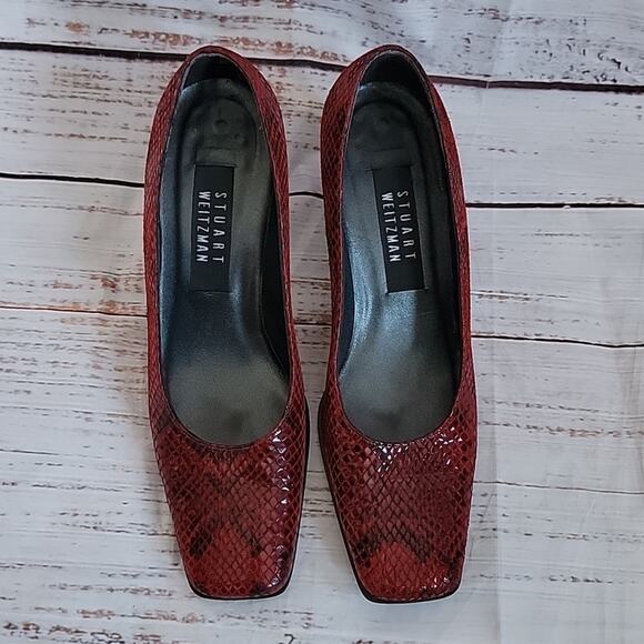 80s Vintage Stuart Weitzman Cherry Red Snakeskin Embossed Leather Heels Size 6 - Picture 3 of 12